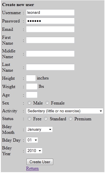 FoodLog add user form