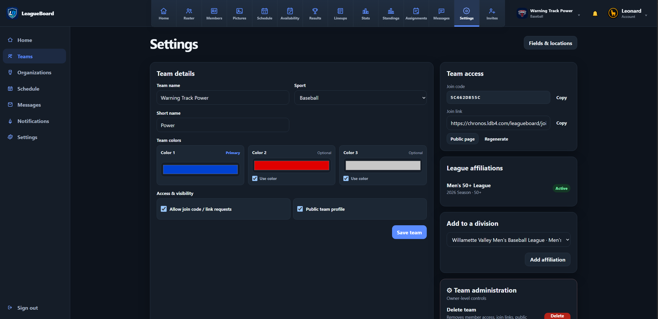 LeagueBoard roster and player profiles