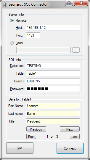 SQL Connection Test application screenshot